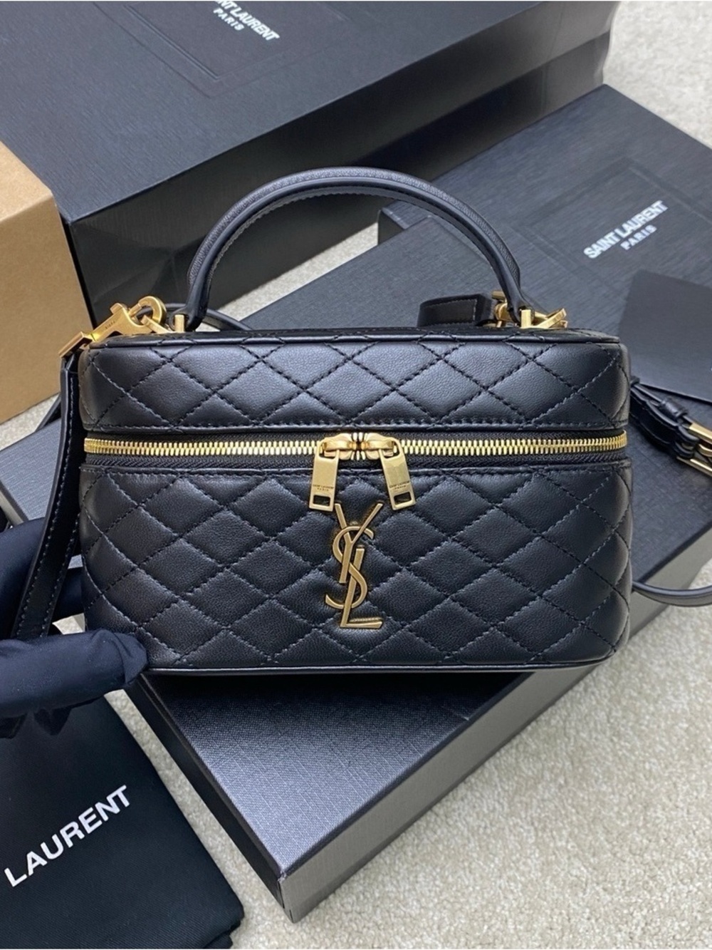 Saint Laurent Black Quilted Leather Mini Vanity Bag with Gold Hardware
